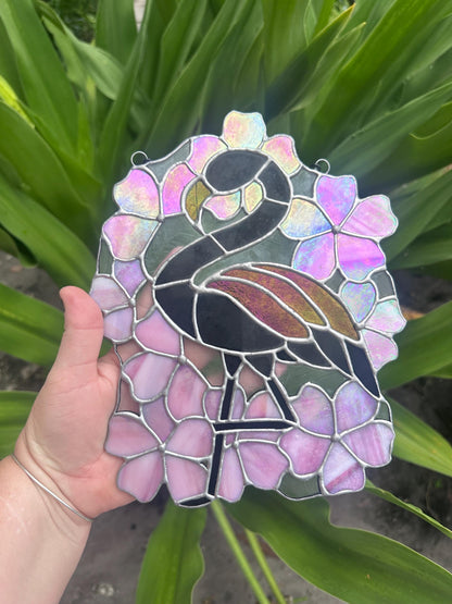 Black Flamingo & Cherry Blossom Stained Glass Suncatcher, Gothic Tropical Home Decor