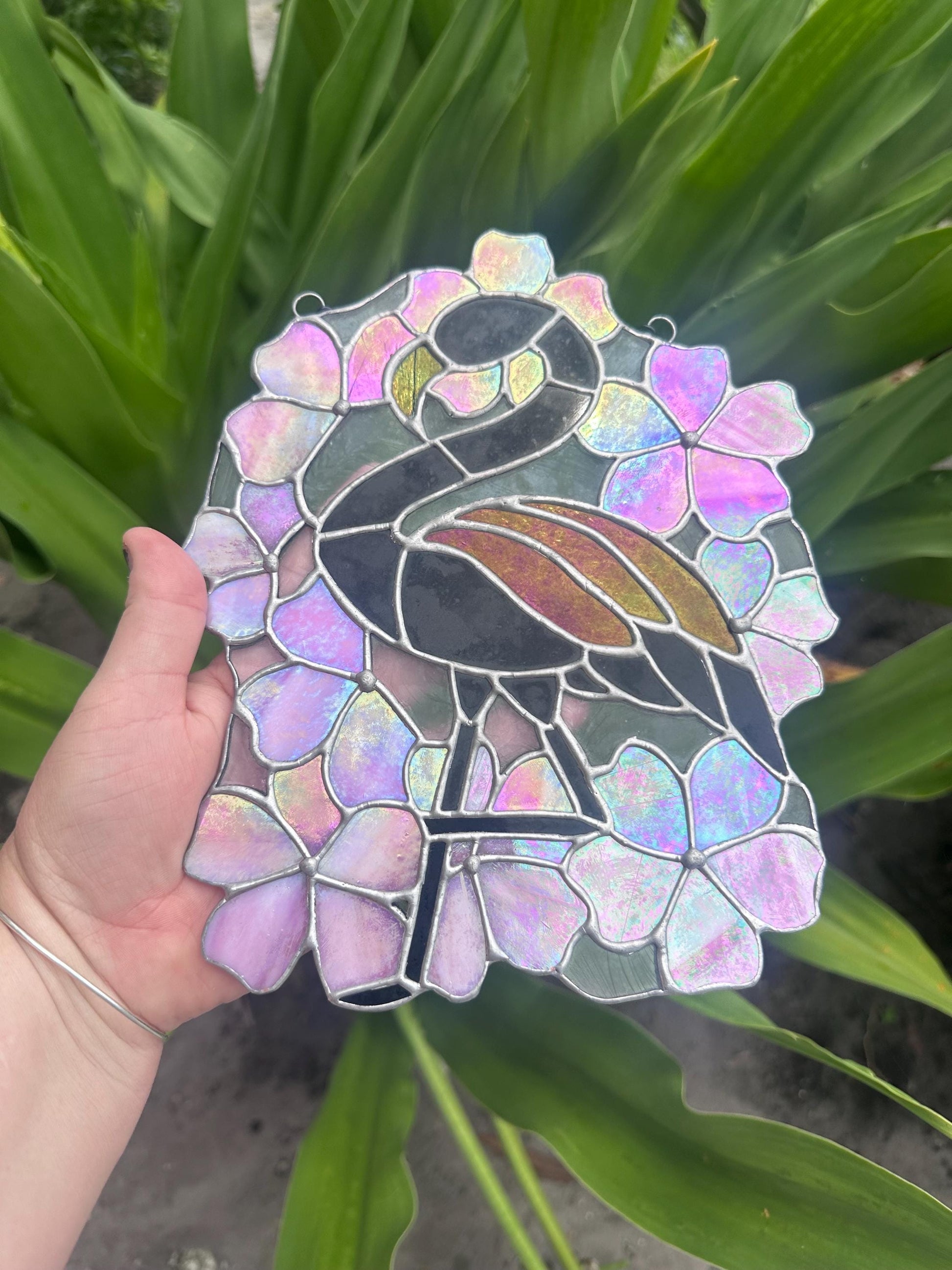 Black Flamingo & Cherry Blossom Stained Glass Suncatcher, Gothic Tropical Home Decor