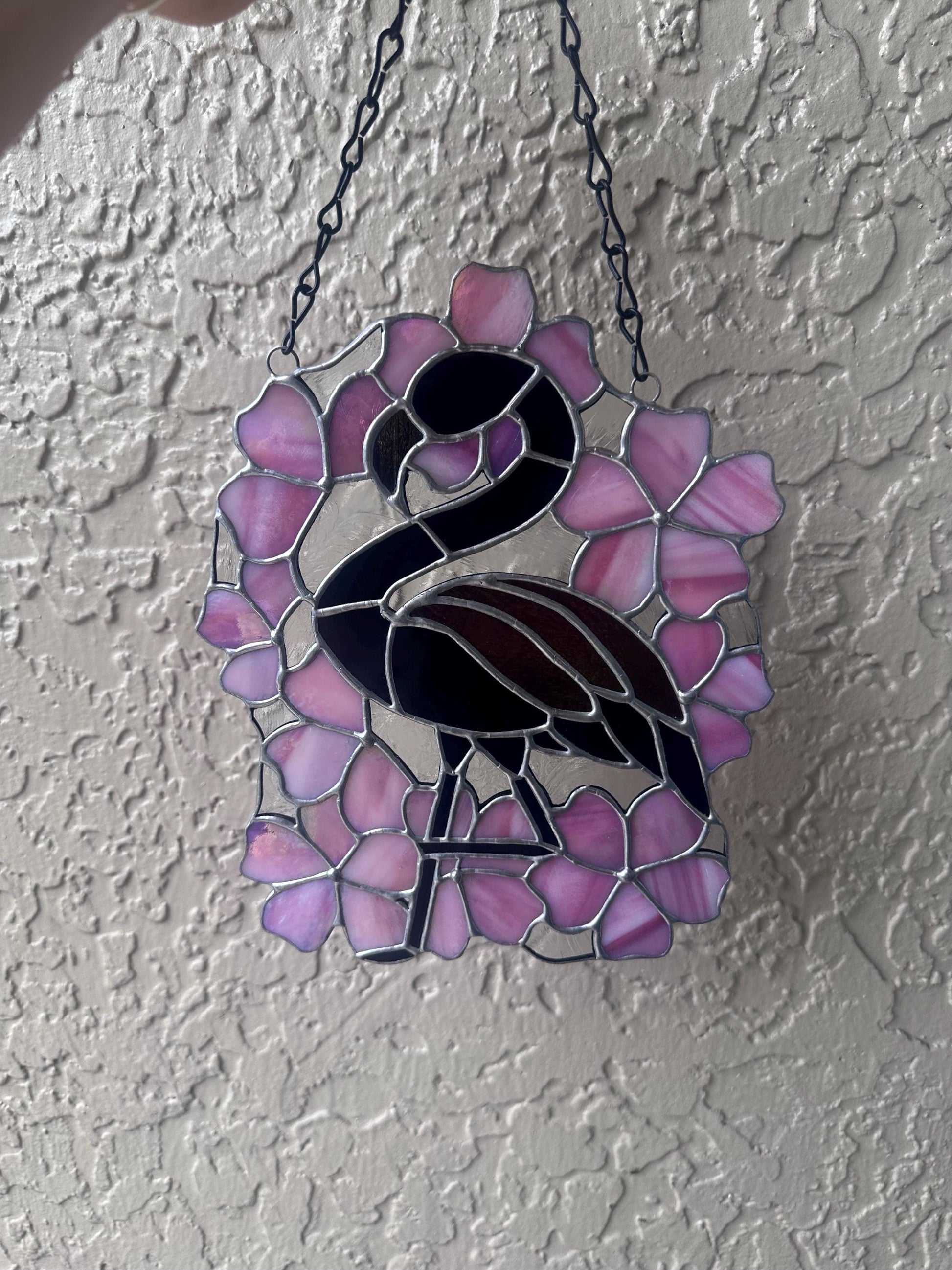 Black Flamingo & Cherry Blossom Stained Glass Suncatcher, Gothic Tropical Home Decor