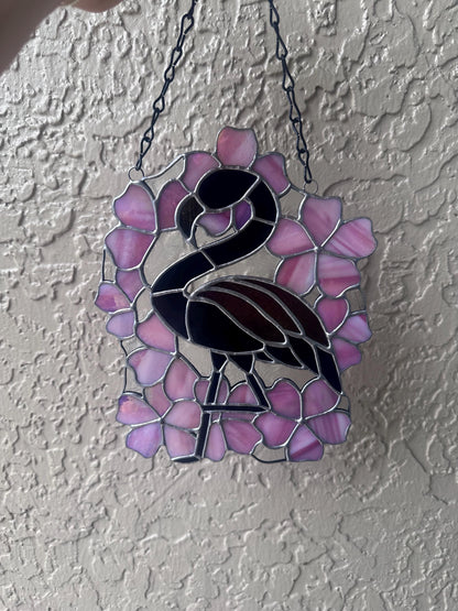 Black Flamingo & Cherry Blossom Stained Glass Suncatcher, Gothic Tropical Home Decor