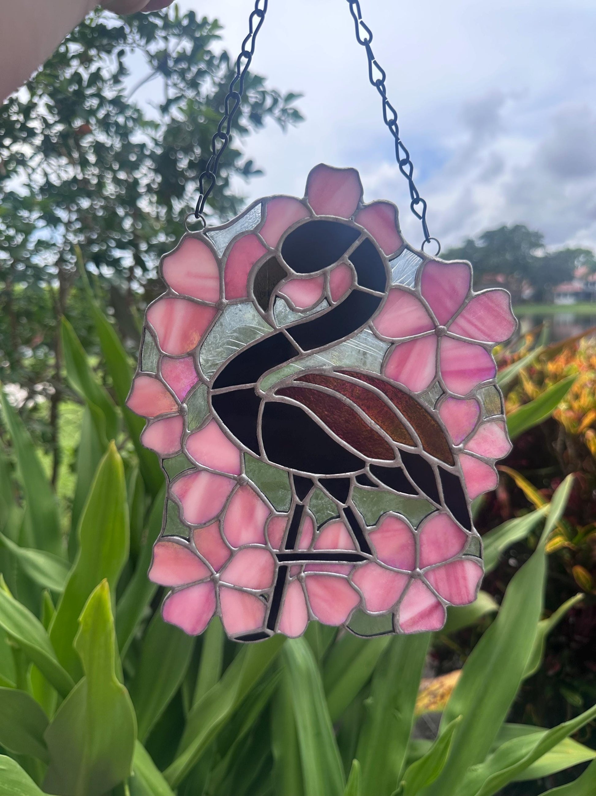 Black Flamingo & Cherry Blossom Stained Glass Suncatcher, Gothic Tropical Home Decor