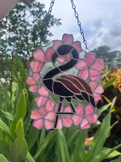 Black Flamingo & Cherry Blossom Stained Glass Suncatcher, Gothic Tropical Home Decor
