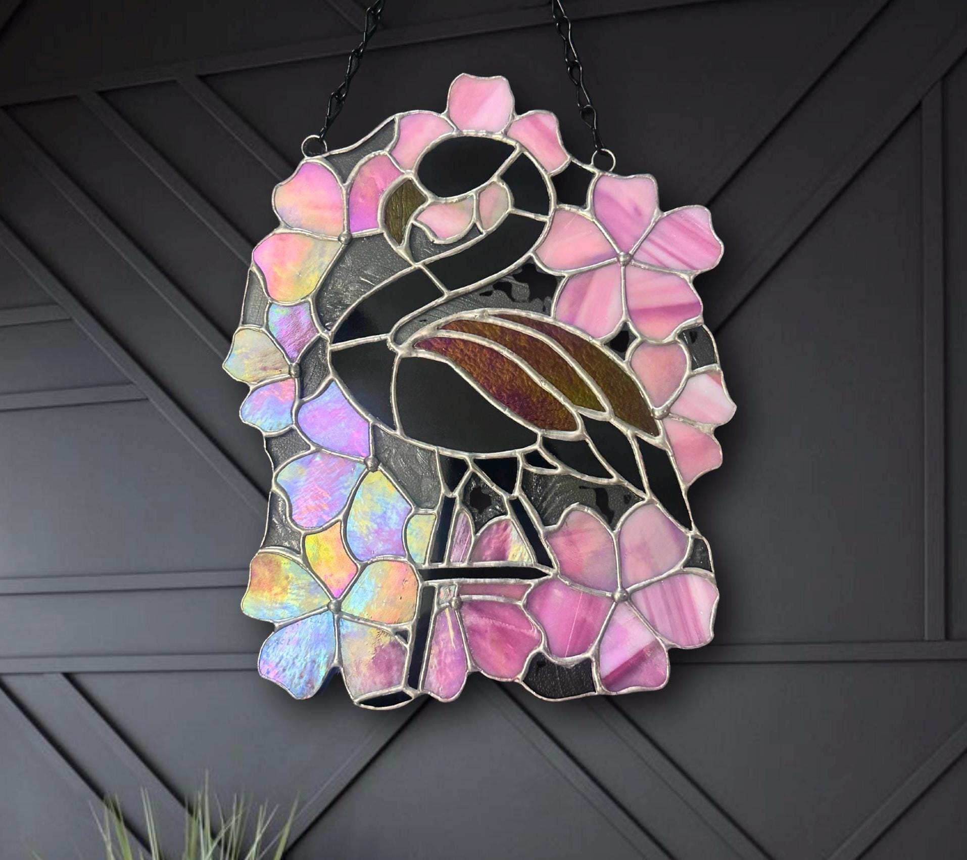 Black Flamingo & Cherry Blossom Stained Glass Suncatcher, Gothic Tropical Home Decor