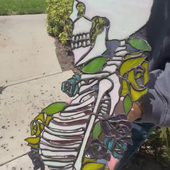 Death by Flowers Stained Glass – Gothic Skeleton with Roses, Handmade Rib Cage Panel, Gothic Floral Wall Decor