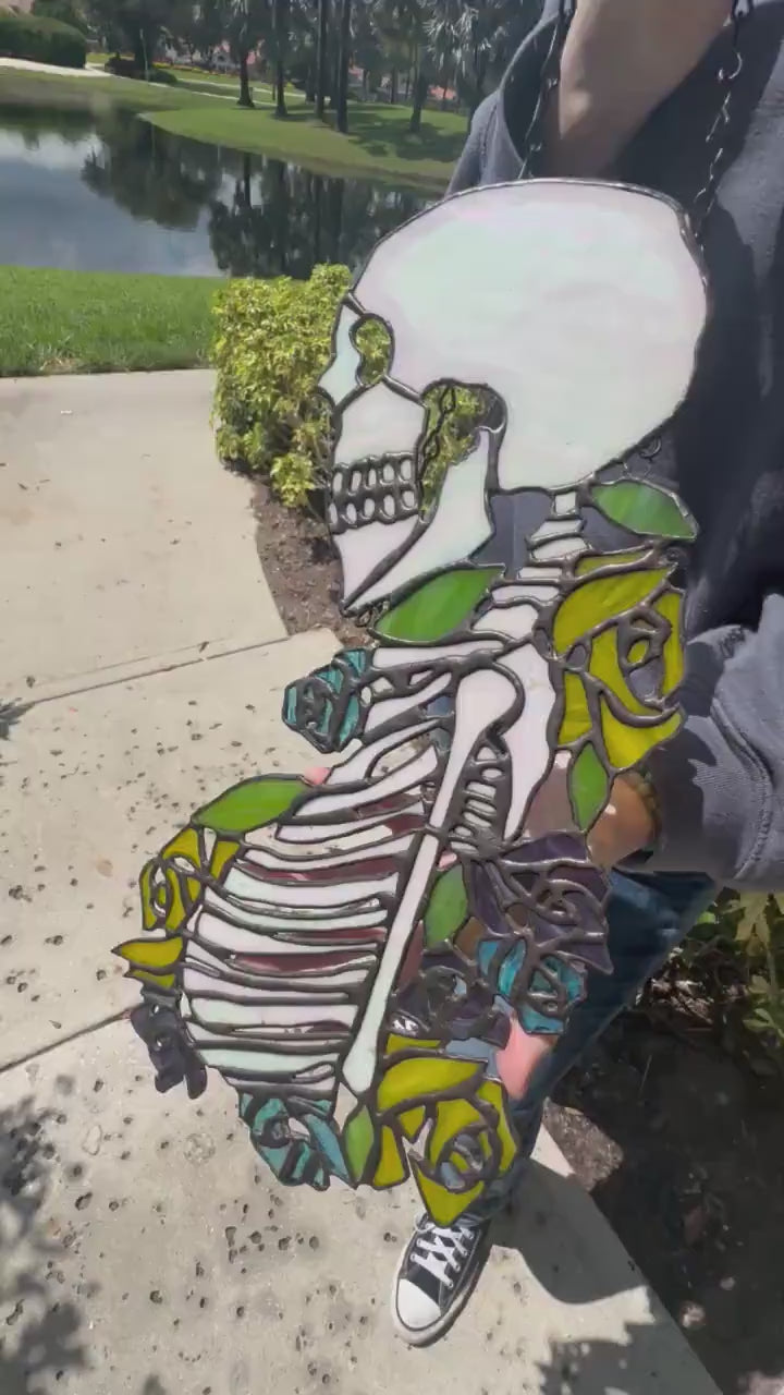 Death by Flowers Stained Glass – Gothic Skeleton with Roses, Handmade Rib Cage Panel, Gothic Floral Wall Decor