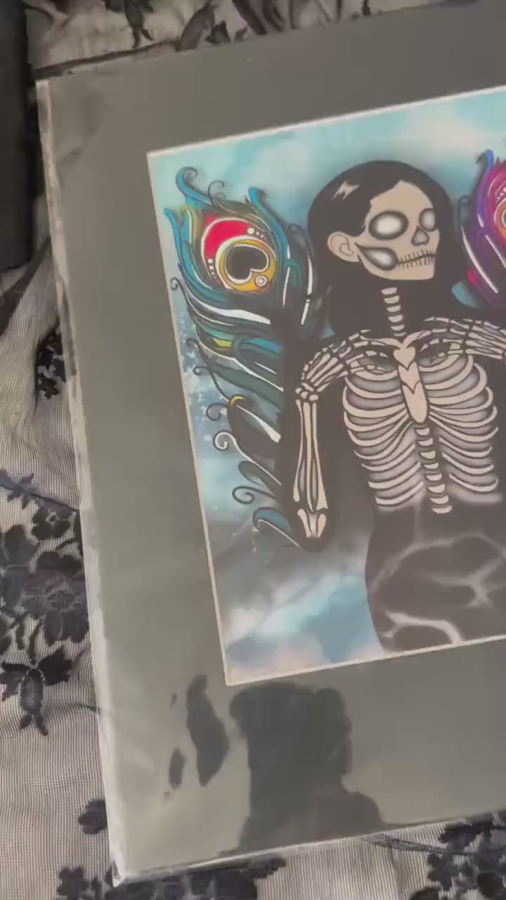 Skeleton Peacock Angel Art Print – Gothic Surreal Decor, 8x6 or 11x14 Matted