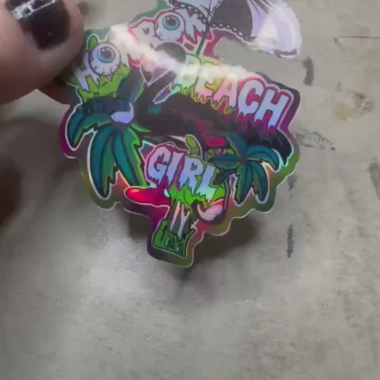 Horror Beach Girl Waterproof Sticker – Gothic Flamingo Palm Tree Decal in Glossy or Holographic Finish