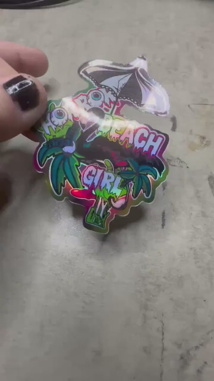 Horror Beach Girl Waterproof Sticker – Gothic Flamingo Palm Tree Decal in Glossy or Holographic Finish