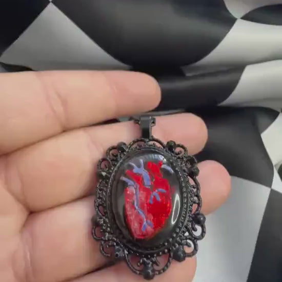 Anatomical Heart Necklace — Gothic Relic Pendant, Red Gold Leaf and Hand Painted Wearable Art, One of a Kind Dark Romance Jewelry