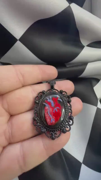 Anatomical Heart Necklace — Gothic Relic Pendant, Red Gold Leaf and Hand Painted Wearable Art, One of a Kind Dark Romance Jewelry