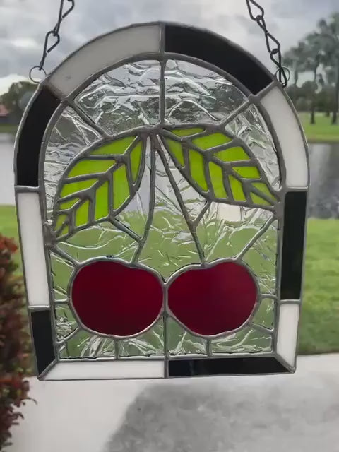 Punk Cherry Stained Glass Panel – Goth Rockabilly Window Art