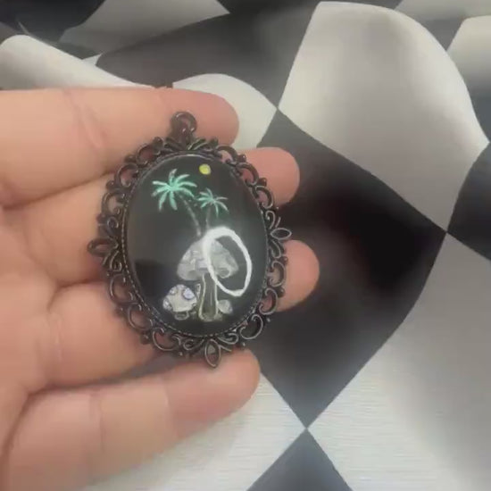 Mushroom Palm Tree Necklace — Gothic Relic Pendant, Hand Painted Wearable Art, One of a Kind Dark Cottagecore Jewelry