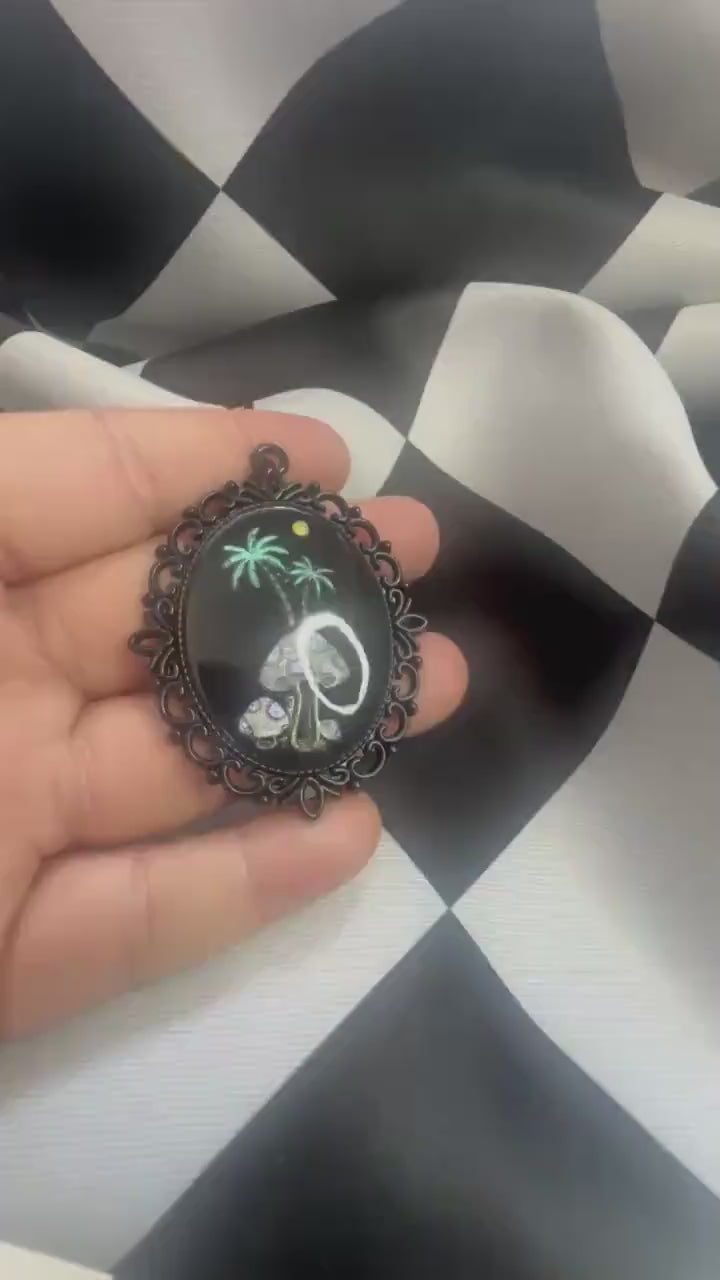 Mushroom Palm Tree Necklace — Gothic Relic Pendant, Hand Painted Wearable Art, One of a Kind Dark Cottagecore Jewelry