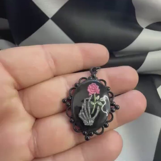 Skeleton Hand Rose Necklace — Gothic Relic Pendant, Hand Painted Wearable Art, One of a Kind Dark Romance Jewelry