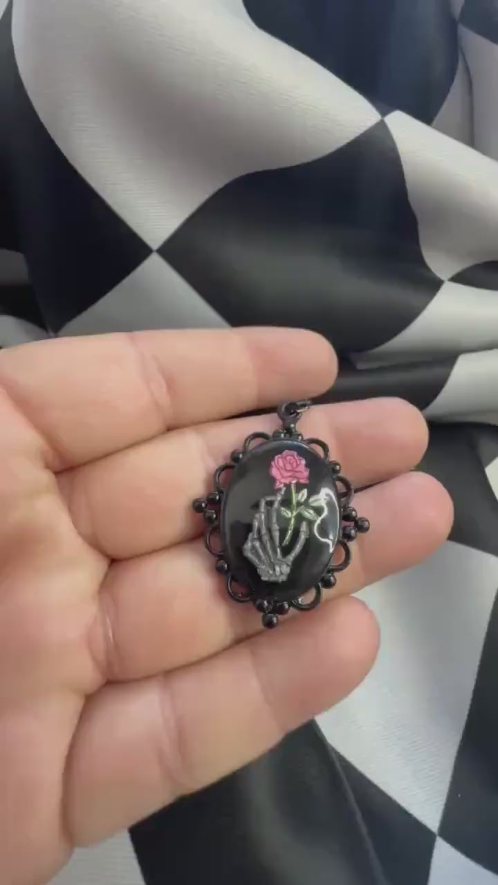 Skeleton Hand Rose Necklace — Gothic Relic Pendant, Hand Painted Wearable Art, One of a Kind Dark Romance Jewelry