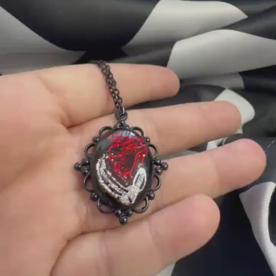 Anatomical Heart Necklace — Gothic Relic Pendant, Red and Silver Gold Leaf Wearable Art, One of a Kind Dark Romance Jewelry