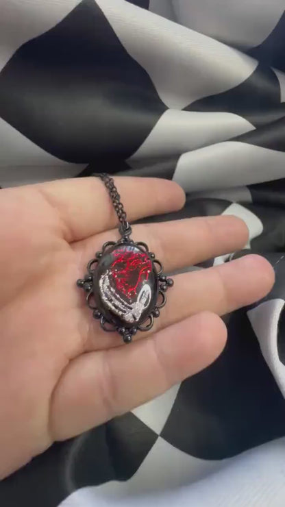 Anatomical Heart Necklace — Gothic Relic Pendant, Red and Silver Gold Leaf Wearable Art, One of a Kind Dark Romance Jewelry