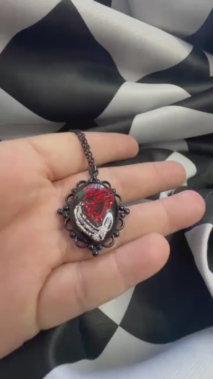 Anatomical Heart Necklace — Gothic Relic Pendant, Red and Silver Gold Leaf Wearable Art, One of a Kind Dark Romance Jewelry