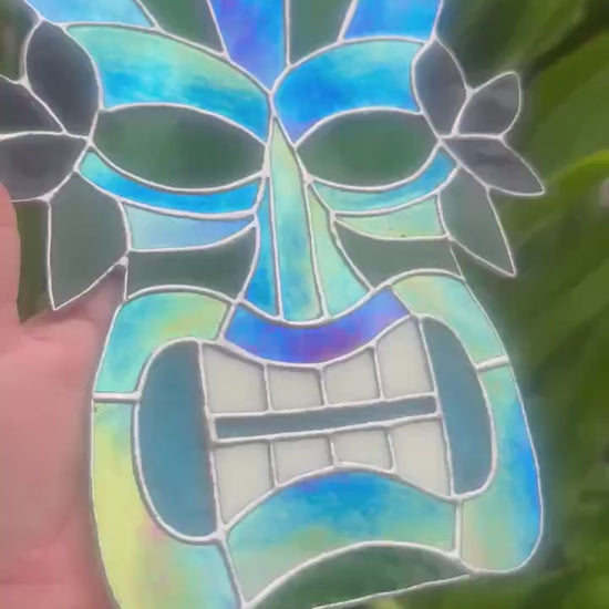 Retro Tiki Mask Stained Glass Suncatcher | Tropical Bar Decor & Home Decor