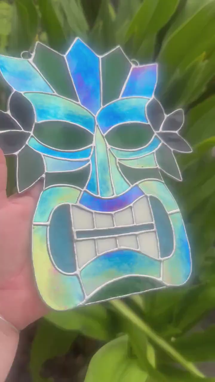 Retro Tiki Mask Stained Glass Suncatcher | Tropical Bar Decor & Home Decor