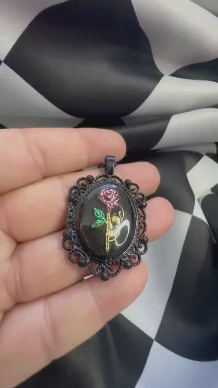 Skull Rose Necklace — Gothic Relic Pendant, Gold Leaf Wearable Art, One of a Kind Dark Romance Jewelry