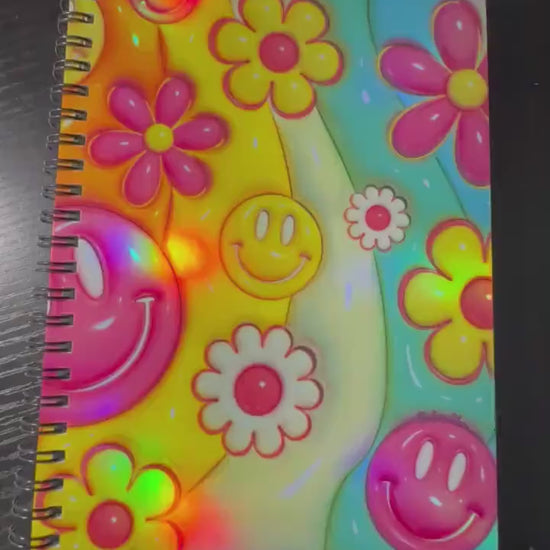 Spiral Notebook Journal: Retro Smiles & Flowers Holographic Notebook for Daily Notes, Diary or Personal Organizer