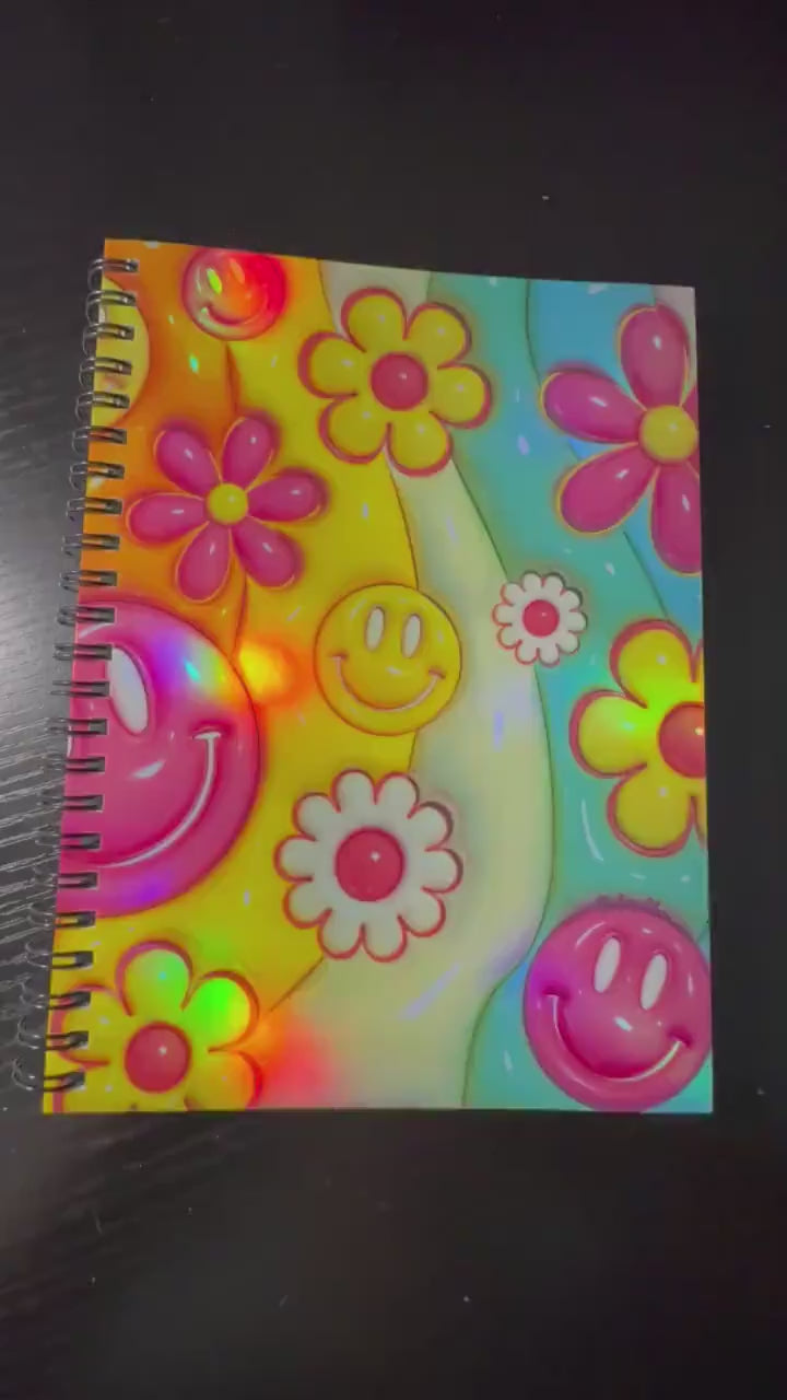 Spiral Notebook Journal: Retro Smiles & Flowers Holographic Notebook for Daily Notes, Diary or Personal Organizer