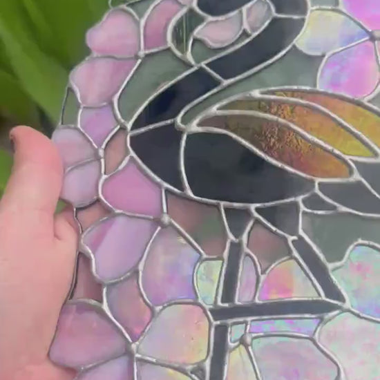 Black Flamingo & Cherry Blossom Stained Glass Suncatcher, Gothic Tropical Home Decor