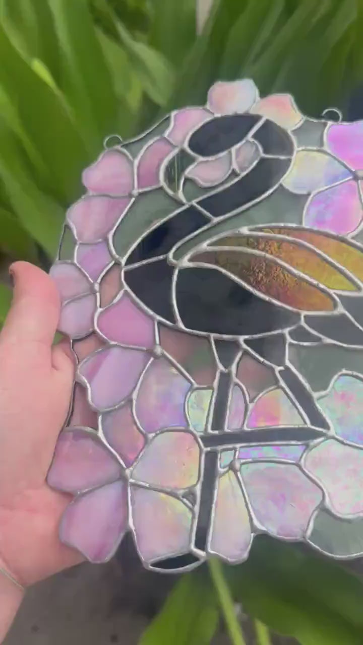 Black Flamingo & Cherry Blossom Stained Glass Suncatcher, Gothic Tropical Home Decor