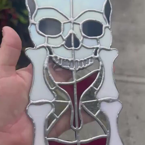 Stained Glass Memento Mori Skull Hourglass — Gothic Home Decor Suncatcher