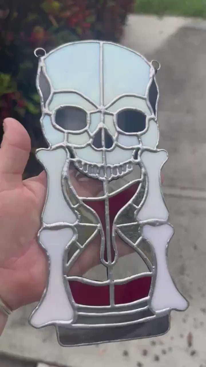 Stained Glass Memento Mori Skull Hourglass — Gothic Home Decor Suncatcher