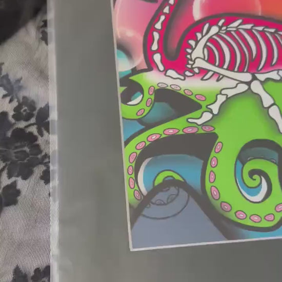 Flamingo Skeleton Octopus Art Print – Neon Gothic Coastal Wall Decor, 8x6 or 11x14