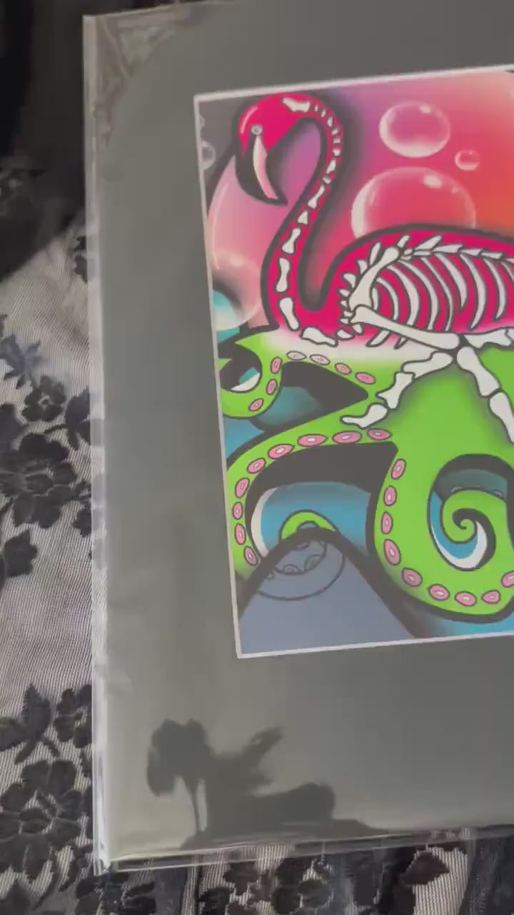 Flamingo Skeleton Octopus Art Print – Neon Gothic Coastal Wall Decor, 8x6 or 11x14