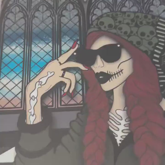 Gothic Skeleton Girl Art Print – Alt Church Scene Wall Art, 8x6 or 11x14 Matted Decor