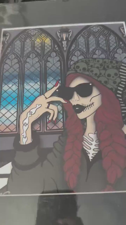 Gothic Skeleton Girl Art Print – Alt Church Scene Wall Art, 8x6 or 11x14 Matted Decor
