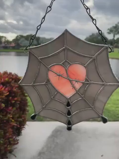 Gothic Stained Glass Spider Web Heart - Dark Decor Sun Catcher