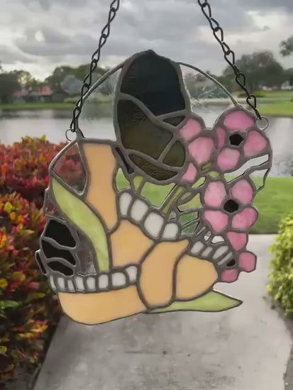 Jawbone Stained Glass with Flowers – Gothic Oddities Art for Dark Home Decor