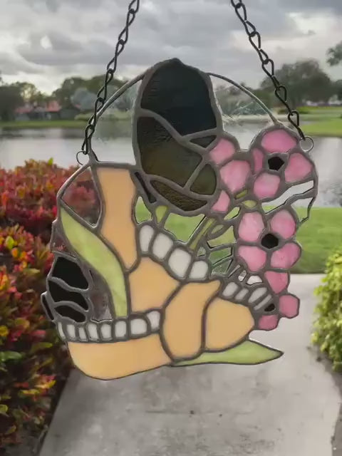 Jawbone Stained Glass with Flowers – Gothic Oddities Art for Dark Home Decor