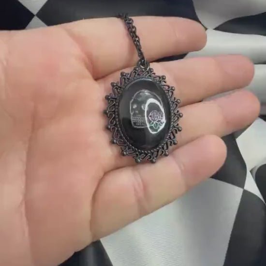 Skull Rose Necklace — Gothic Relic Pendant, Hand Painted Wearable Art, One of a Kind Dark Romance Jewelry