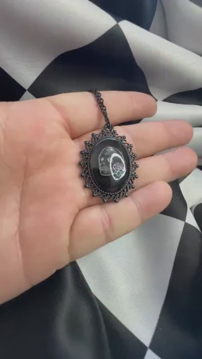 Skull Rose Necklace — Gothic Relic Pendant, Hand Painted Wearable Art, One of a Kind Dark Romance Jewelry