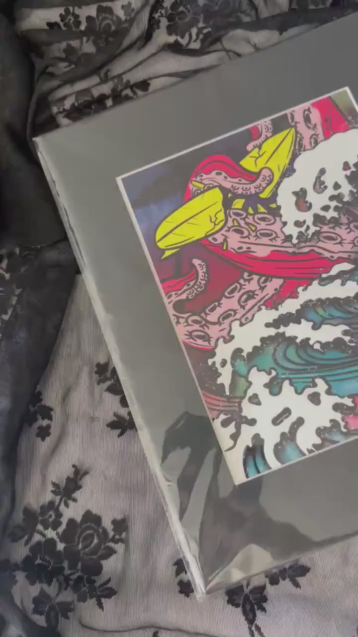 Gothic Octopus Wave Art Print: Surreal Neon Coastal Decor