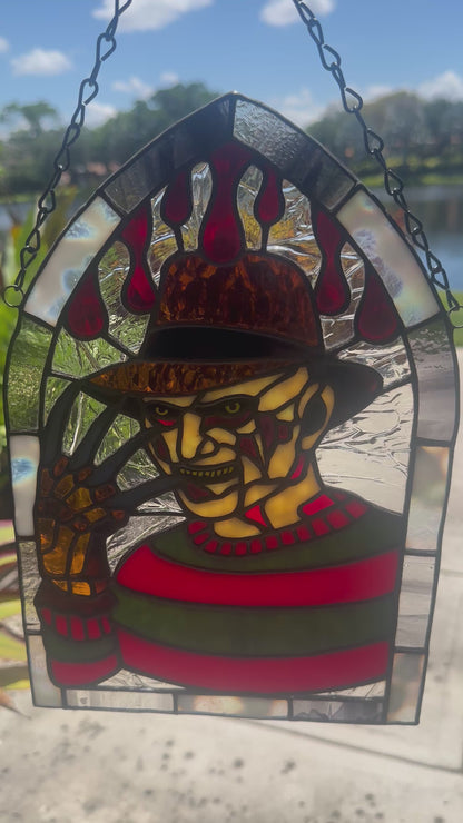 Freddy Horror Stained Glass Panel – Handcrafted Gothic Window Art