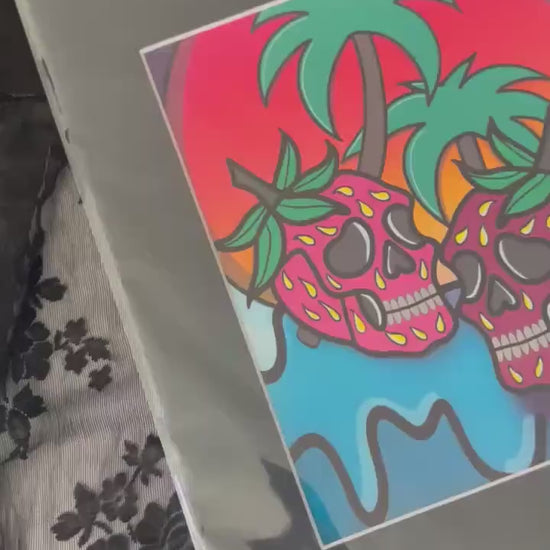 Florida Strawberry Skulls Art Print: Gothic Palm Sunset, Signed