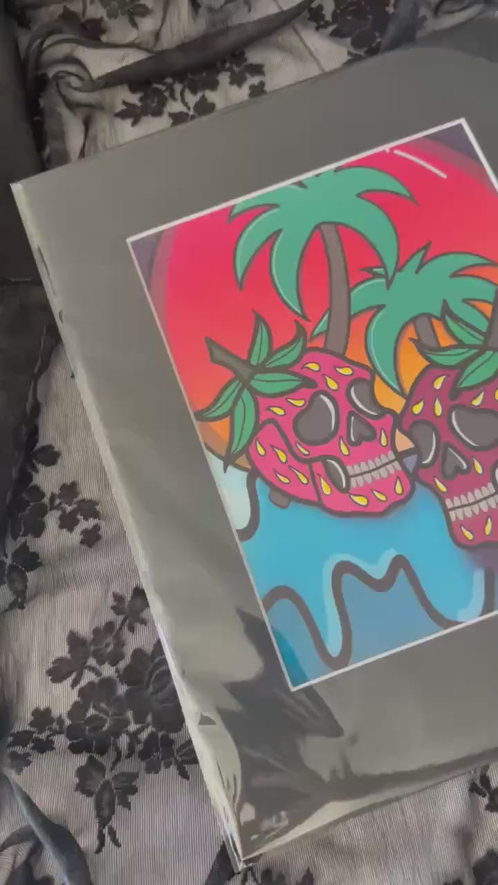 Florida Strawberry Skulls Art Print: Gothic Palm Sunset, Signed