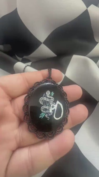 Snake and Crystal Necklace — Gothic Relic Pendant, Hand Painted Wearable Art, One of a Kind Witchy Dark Romance Jewelry